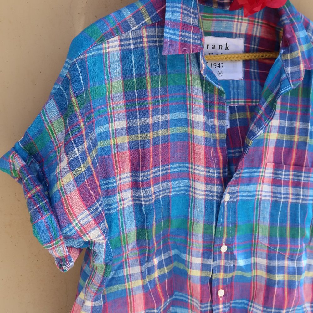 Frank & Eileen Rose Shirt Pink Blue Linen Plaid Button Up Women's Size Medium